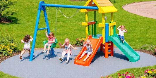 Colorful toddler outdoor playset with children playing.