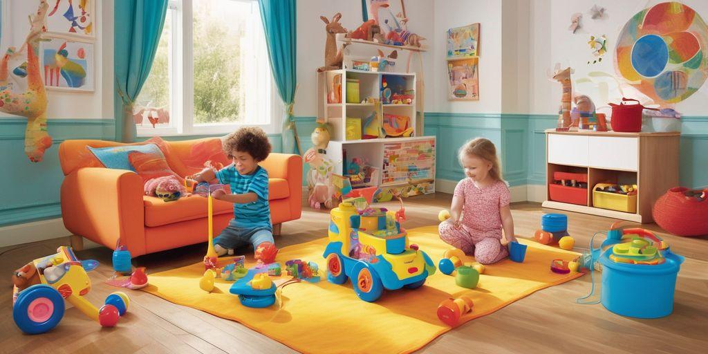 children playing with musical toys in a bright playroom