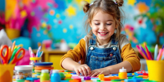 Child using colorful craft kits to create art.