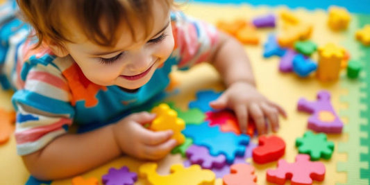 Child happily solving a colorful puzzle on the floor.