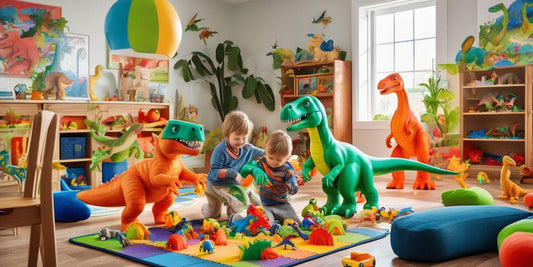 children playing with dinosaur toys in a vibrant playroom