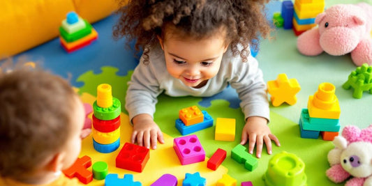 Colorful STEM toys for one-year-olds on play mat.