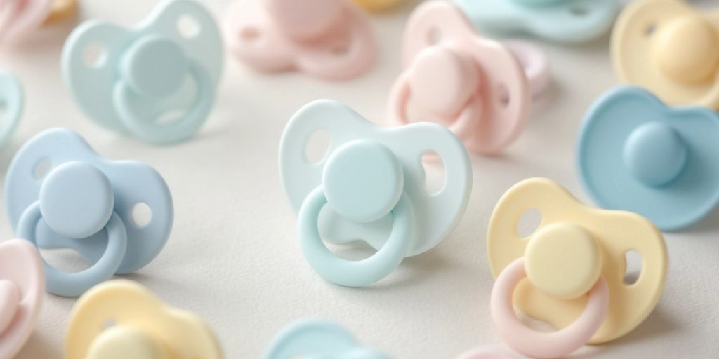 Close-up of colorful baby pacifiers on a neutral background.