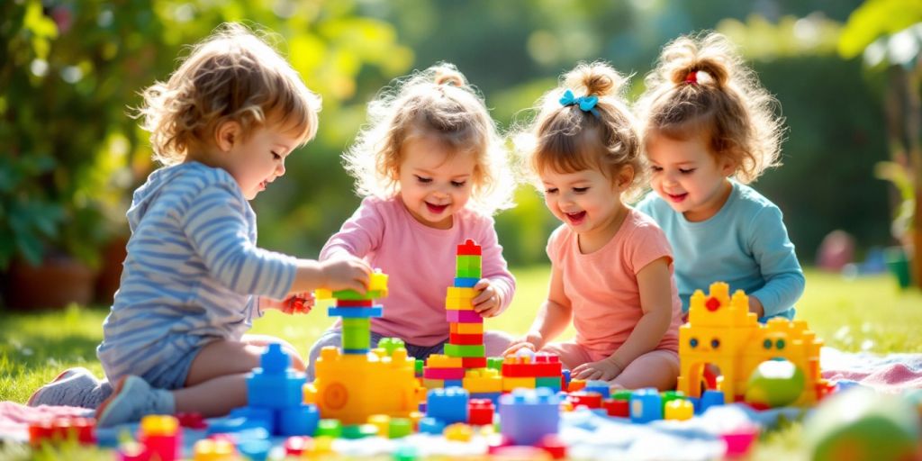 Toddlers play with colorful toys in a sunny outdoor setting.