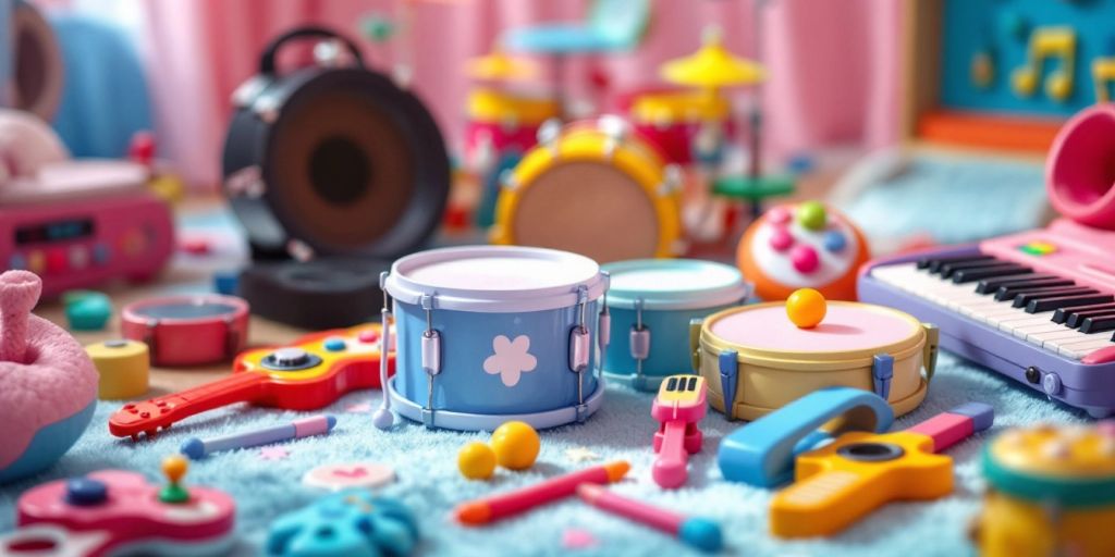 Colorful musical instruments for kids arranged playfully.