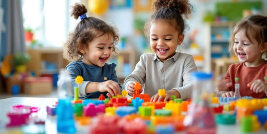 Toddlers engaged with colorful STEM toys in play.