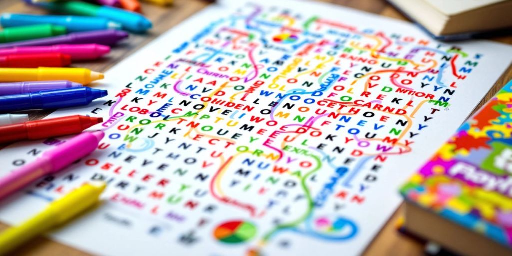 Colorful word search puzzle with markers and a dictionary.