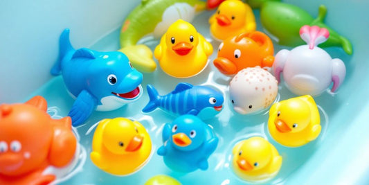 Colorful clean bathtub toys in a sparkling bathtub.