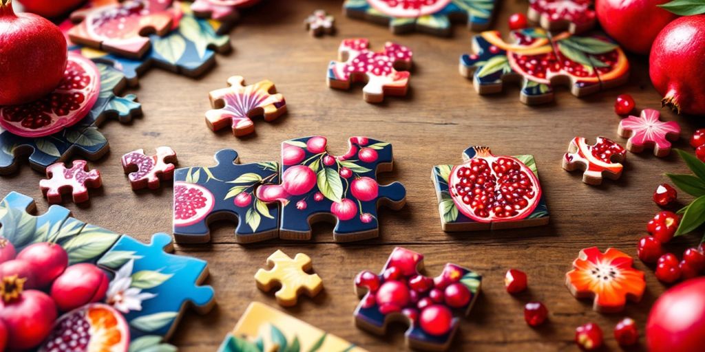 Colorful pomegranate puzzles on a wooden table.