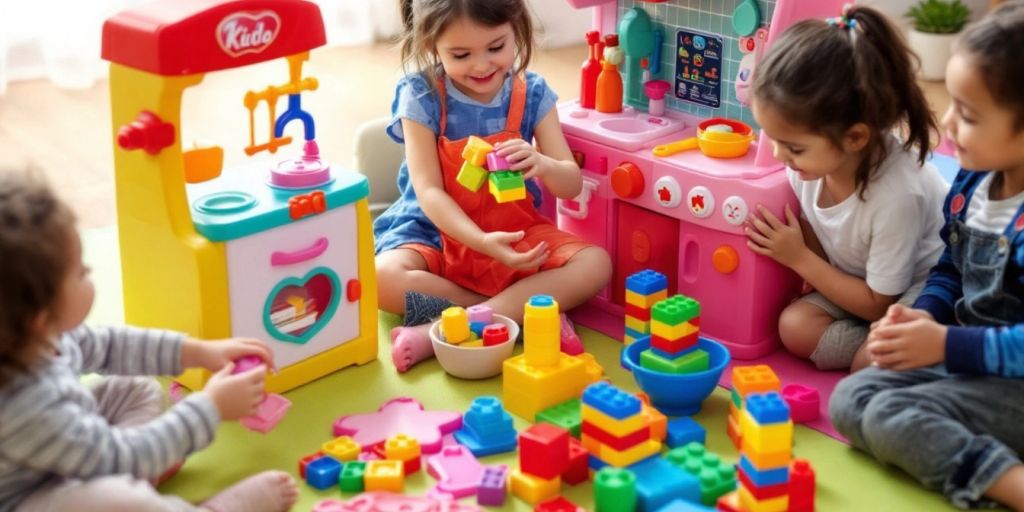 Children playing with colorful pretend play toys.