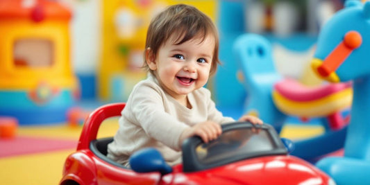 A happy toddler playing with colorful ride-on toys.