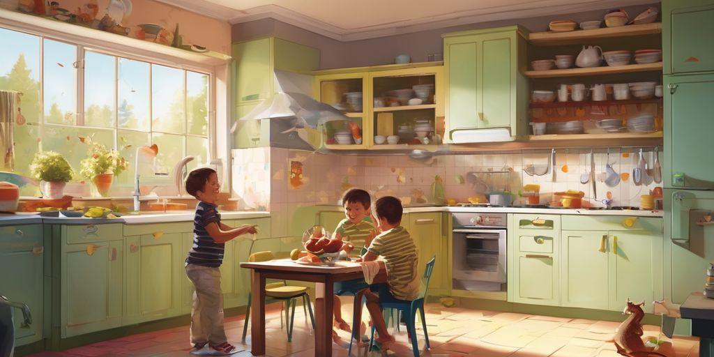 children playing in a modern kitchen