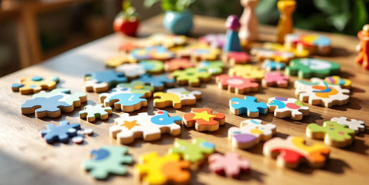 Colorful custom children's puzzles on a wooden table.