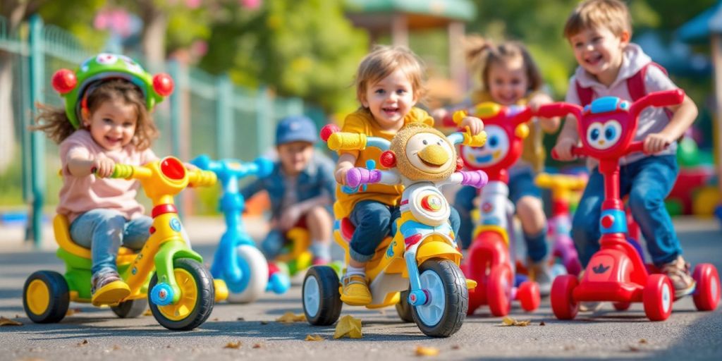 Kids playing with various colorful riding toys outdoors.