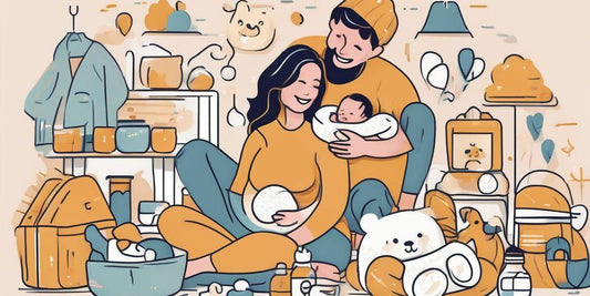 happy parents with newborn baby and baby essentials