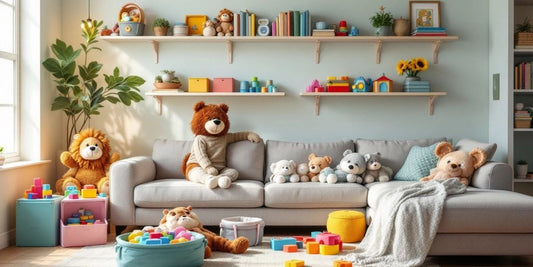 Organized toddler toys in a cozy living room.