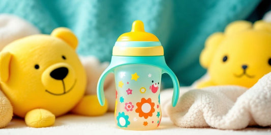 Bright sippy cup with toys on a cozy blanket.