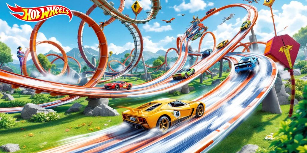 Colorful Hot Wheels track with cars racing and loops.