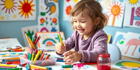 Child using craft kit with colorful supplies and artwork.