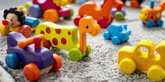 Colorful pull toys for toddlers on a soft rug.