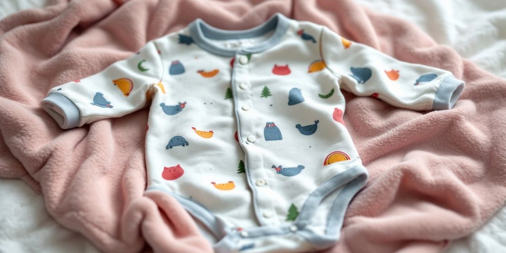 Colorful baby onesie on a soft blanket.