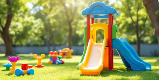 Toddler playset with slide in a sunny outdoor setting.