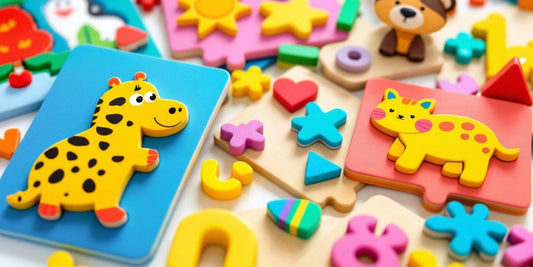 Colorful puzzles for toddlers on a bright background.