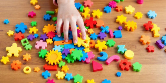 Colorful magnetic toy pieces on a wooden table.