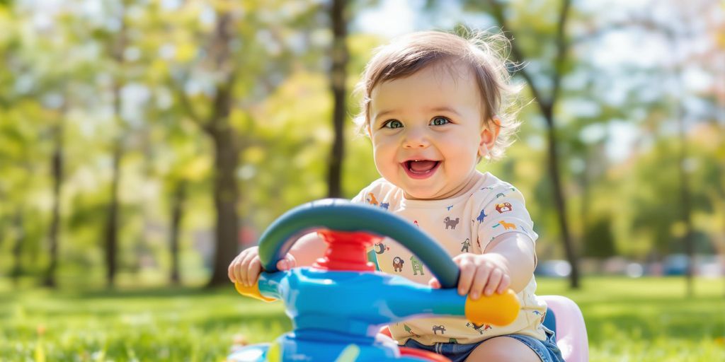 A 1-year-old child riding a colorful toy outdoors.