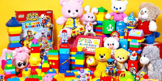 Colorful toys for 3-year-old boys on a bright background.