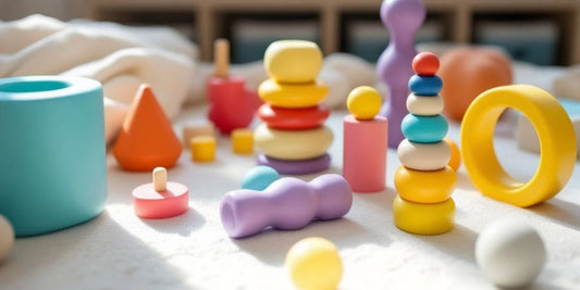 Colorful Montessori toys for babies on a play mat.