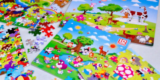 Colorful jigsaw puzzles arranged for kids and adults.