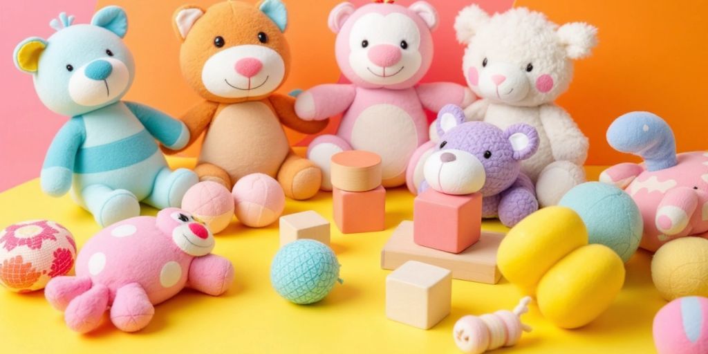 Colorful handmade baby toys on a playful background.