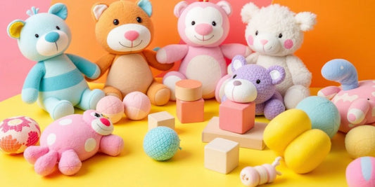 Colorful handmade baby toys on a playful background.