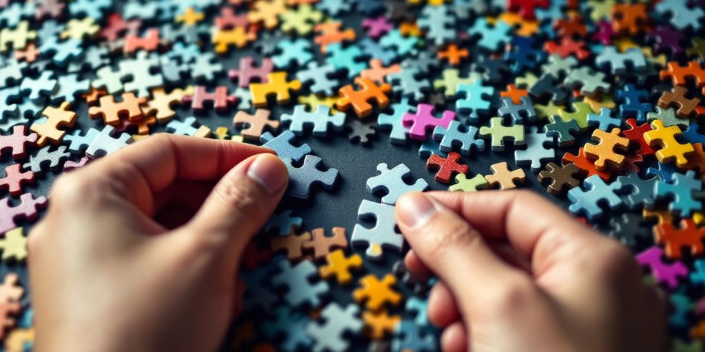 Hands placing a puzzle piece into a jigsaw puzzle.