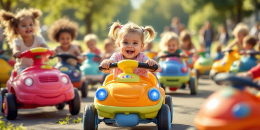 Toddler push cars in a sunny park with children.