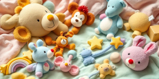 Colorful handmade baby toys on a pastel blanket.