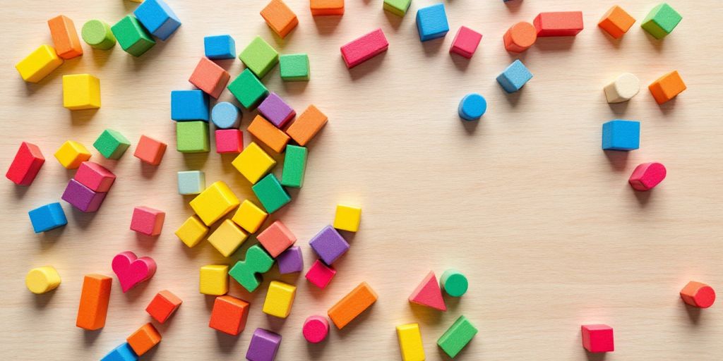 Colorful wooden blocks in various shapes on a surface.