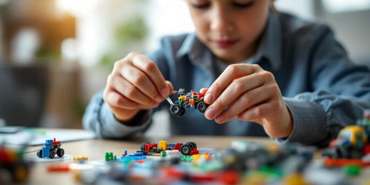 Child building a model car kit with focused hands.