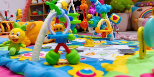 Baby play gym with colorful toys and soft mat.