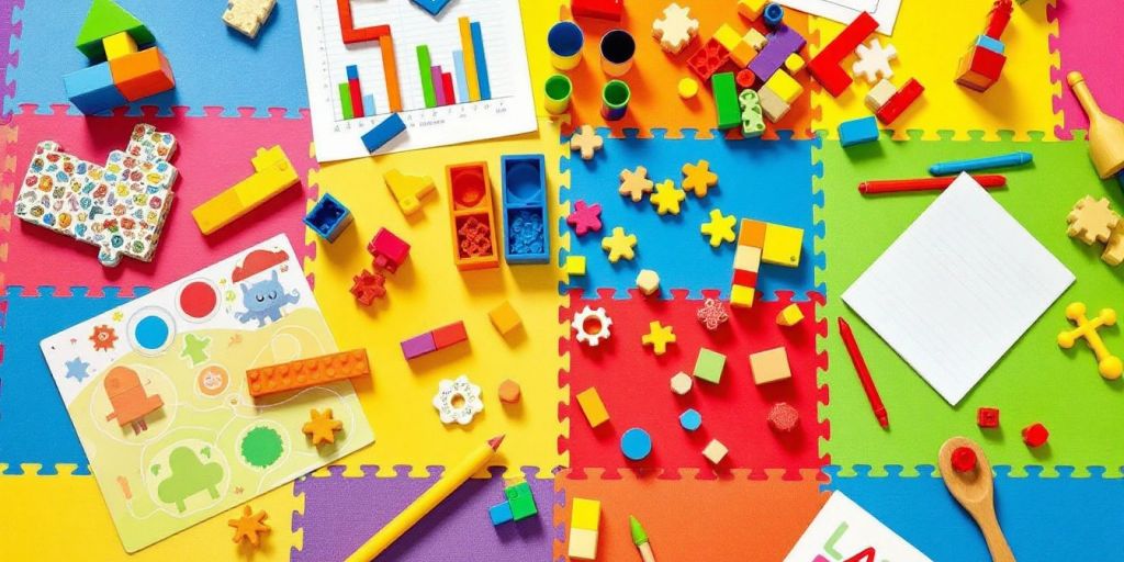 Colorful learning toys for 8-year-olds on a mat.