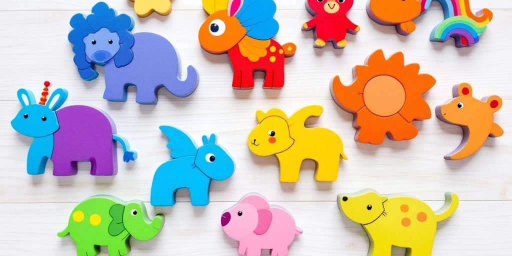 Colorful wooden puzzles for toddlers on a wooden background.