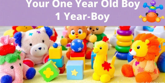 Colorful toys for a one-year-old boy on a play mat.