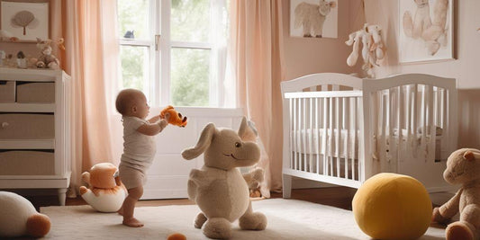 baby playing with plush toys in a cozy nursery