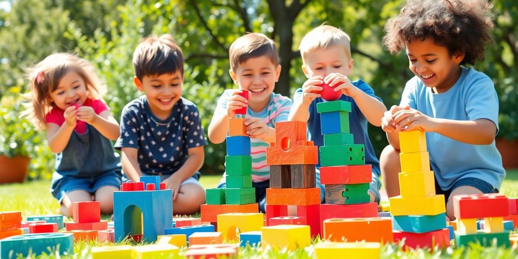 Children building with colorful breeze blocks outdoors.