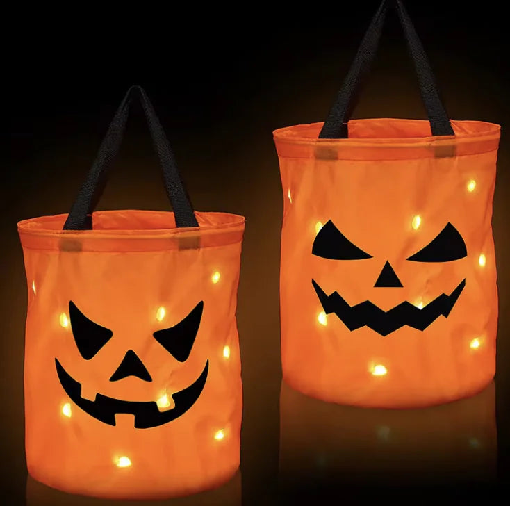 Halloween Glowing Pumpkin Candy Bag with LED Lights | Durable Trick-or-Treat Bag