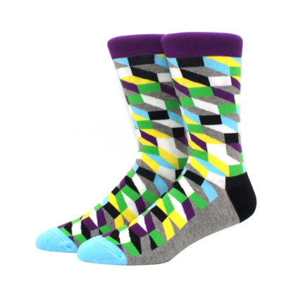 Men's Funny Diamond Pattern Happy Socks: Large Size Combed Cotton