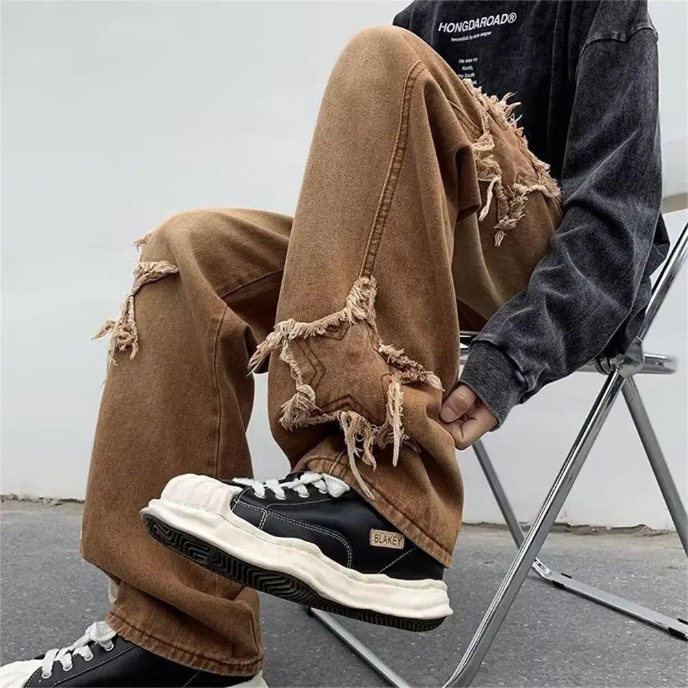 2022 New Fashion Stars Towel Embroidery Brown Baggy Men Jeans Pants