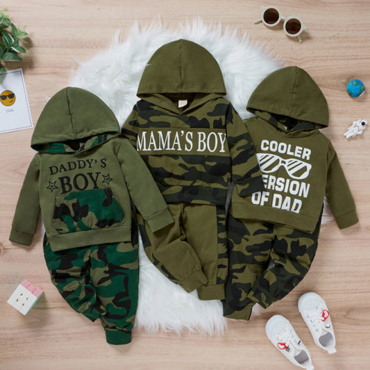 2Pcs Autumn Clothing Set Long Sleeve Letter Printed Hooded Top Camou Pants
