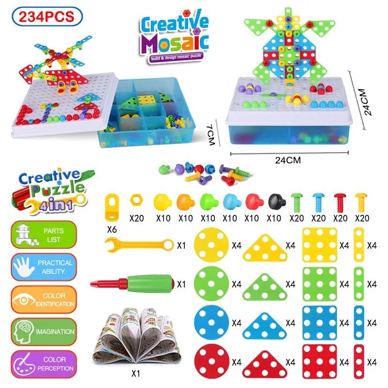 3D Mosaic Puzzle Building Bricks with Drilling Screw Toys for Children
